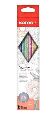 6db-os KORES - "Grafitos Style Pastel" háromszögletű grafitceruza készlet, radírral, HB
